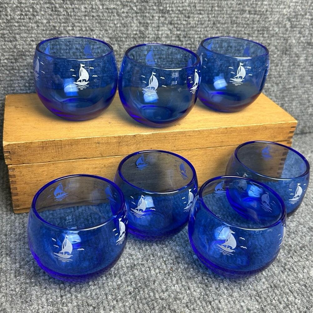 Vintage 1930s Hazel Atlas cobalt roly-poly glasses set of 7 sailboats nautical
